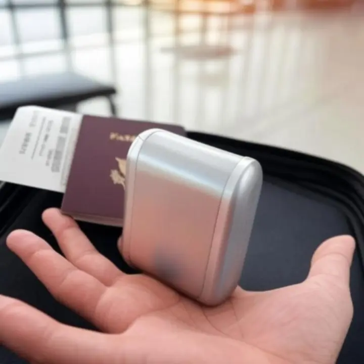 Kompaktowa ładowarka podróżna na tle walizki